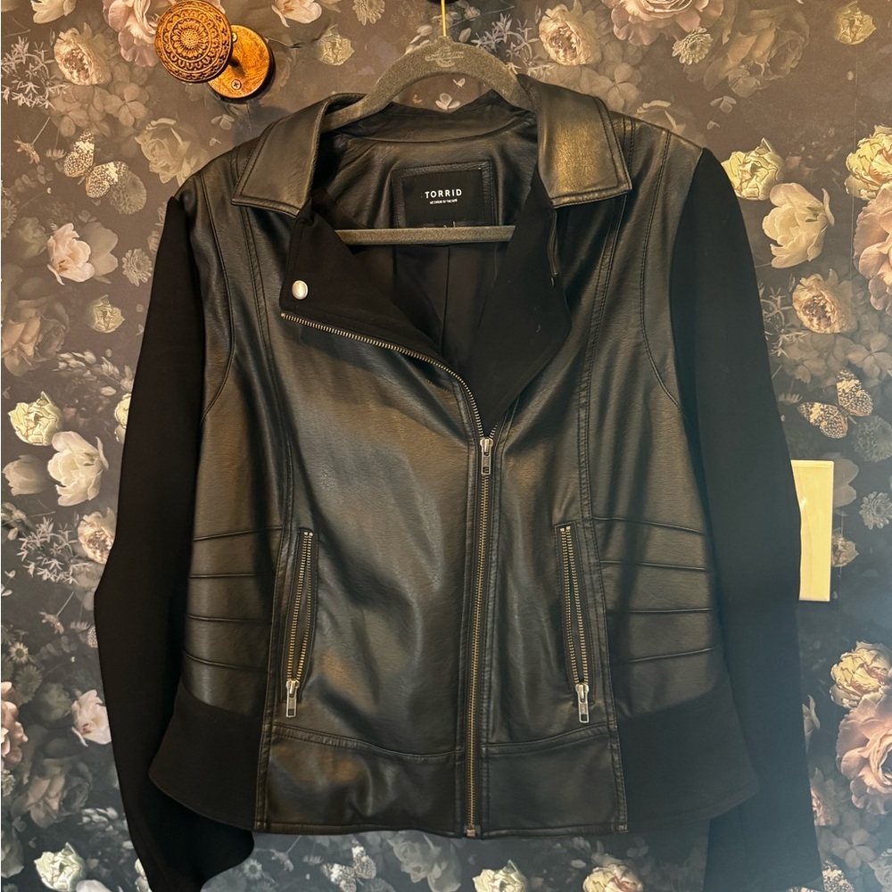 torrid Black Faux Leather Moto Jacket with Knit Sleeves